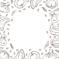 Vector background of dumplings with spice. Sketch hand drawn Ravioli. Vareniki. Pelmeni. Meat dumplings. Food. Cooking. National dishes. Products from the dough and meat. For restaurant menu, cards