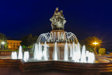 Volgograd, Russia - July 21 2019: Fountain of Art with the illumination in the central of the city Volgograd in the night