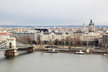 Obraz premium Erzsebet bridge and panorama of Pest district, view from Gellert hill, Budapest, Hungary