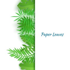 Vertical border of summer tropical leaves in paper cut style. Craft jungle plants collection on white background. Creative vector card illustration in paper cutting art style.
