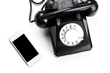Different types of telephones on white background. Technical progress concept