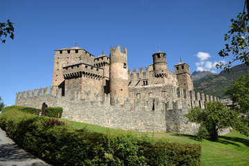 Fototapeta na wymiar Aosta Valley Castles - The magnificent Fenis castle in the Aosta Alps - Italy