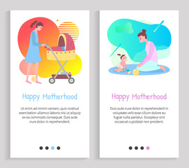 Obraz premium Kid in diaper sitting on floor, mother playing with baby, parent walking with buggy, mom and baby, happy motherhood, family or maternity vector. Website or slider app, landing page flat style
