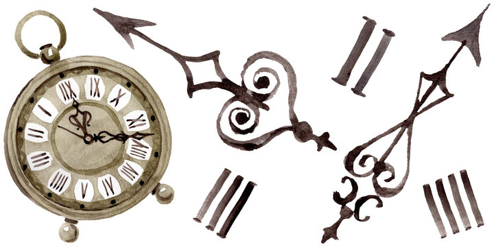 Vintage old clock pocket watch. Watercolor background illustration set. Isolated clocks illustration element.