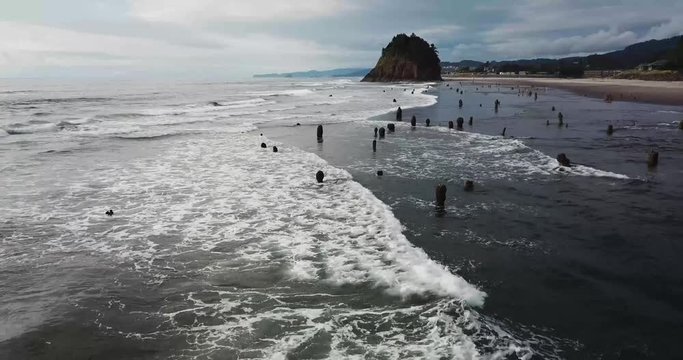 Neskowin Ghost Forest with background view of Proposal Rock on Oregon's Tillamook Coast. 4k