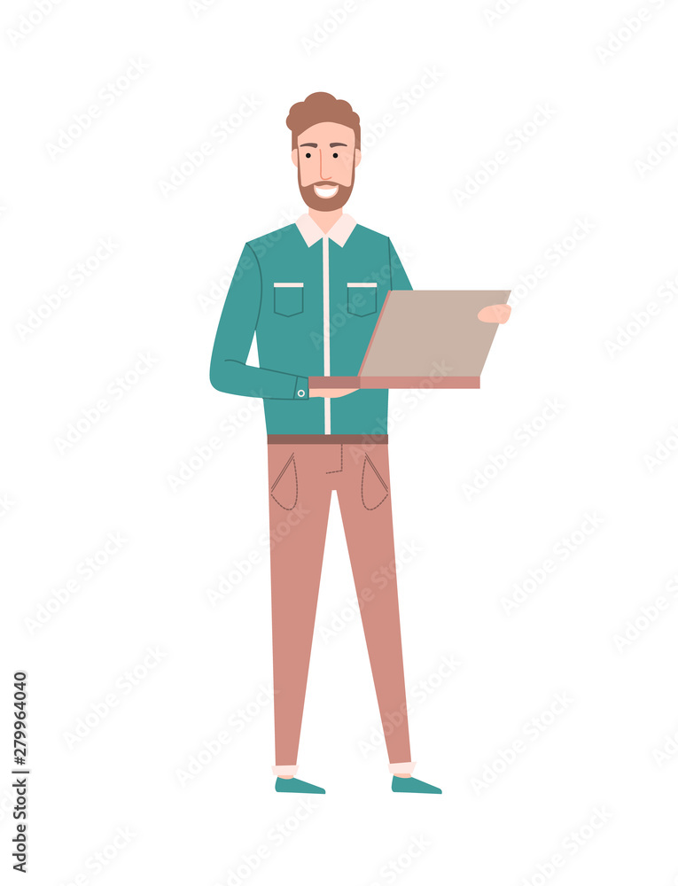 Poster male programming on laptop vector, person with computer and information on sites isolated bearded ma