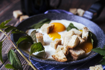 Delicious eggs and breadcrumbs breakfast