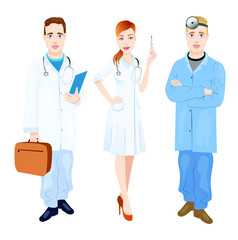 Recruitment of doctors: therapist, otolaryngologist. Nurse is holding a thermometer. Family doctor. Clinic workers