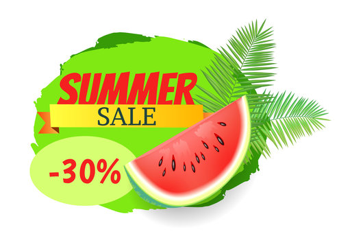 Summer sale watermelon discount isolated banner with text on stripe vector. Tropical leaves of palm tree, juicy fruit with seeds offering for clients