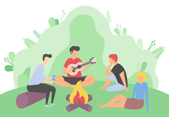 People sitting by bonfire vector, man playing guitar friends sitting on wooden log. Personage musician with musical instrument, musician by fire camping