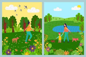 People walking with dog in park, mom and child holding domestic animal, going near lake, woman and pet in forest, green nature, sunny weather vector