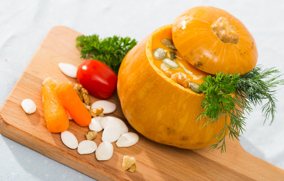 Recipe of squash soup in baked pumpkin