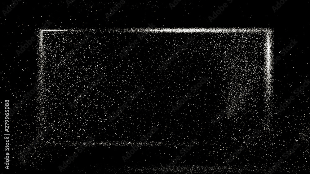 Poster black background with small white dust particles glowing in a rectangular box.