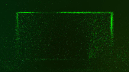 Dark green background with small green dust particles glowing in a rectangular box.
