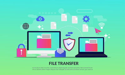 file transfer concept, sharing files between devices with folders on screen and transferred documents, Backup files, flat icon,suitable for web landing page, banner, vector template