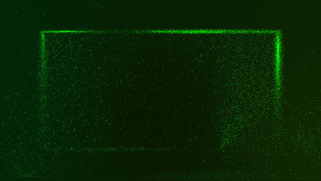 Dark green background with small green dust particles glowing in a rectangular box.