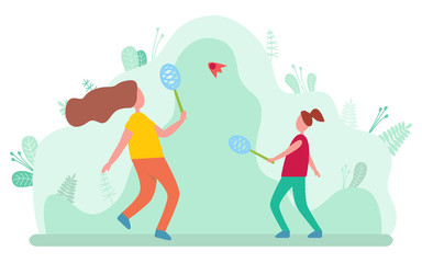 Mother and daughter playing badminton isolated on blurred background with green leaves and bushes. Vector mom and girl play rocket and ball game, cartoon style