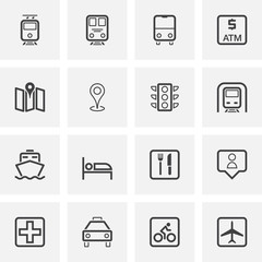 Travel universal line icons set. linear style symbols collection, outline signs pack. vector graphics. Set includes icons as train, plane, transportation, taxi car, cruise ship, hotel, hospital, map