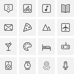 Entertainment universal line icons set. linear style symbols collection, outline signs pack. vector graphics. Set includes icons as travel, mountains, drawing, gamepad controller, microphone, music