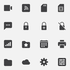 UI and UX, universal vector icons set, modern solid symbol collection, filled style pictogram pack. Signs, logo illustration. Set includes icons as phone card, lock, folder, calendar, printer, cloud