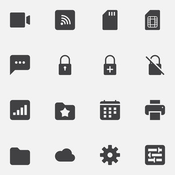 UI and UX, universal vector icons set, modern solid symbol collection, filled style pictogram pack. Signs, logo illustration. Set includes icons as phone card, lock, folder, calendar, printer, cloud