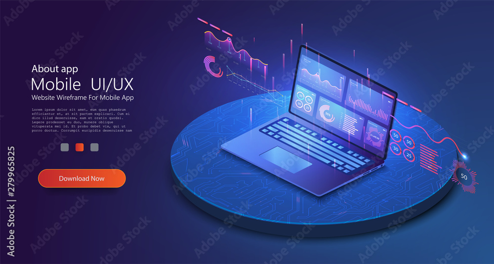 Fototapete Application of laptop with business graph and analytics data on isometric laptop . Analysis trends and financial strategy by using infographic chart. Online statistics and data Analytics. Vector 