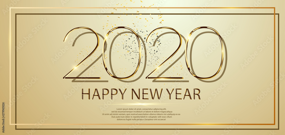 Aufkleber happy new year 2020 text design. vector greeting illustration with golden numbers and fireworks. par