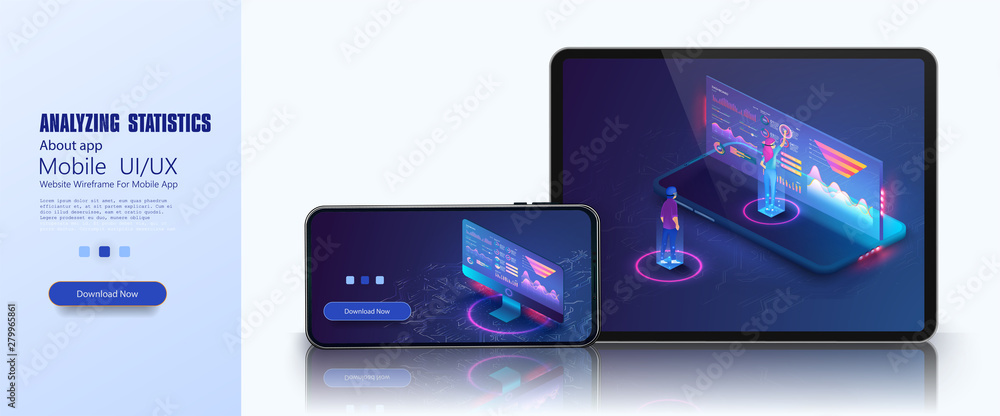 Aufkleber People in the team analyze diagrams and graphics. Data and investments. Business success. Computer monitor with infographic elements. Design for presentation, landing page. 3d isometric flat design