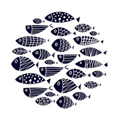 Cute fish card. Around motif with fish. Black illustration.