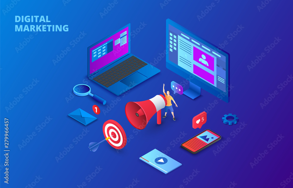 Aufkleber Digital marketing design concept with computer, hand speaker and smartphone. Isometric vector illustration on a dark blue backgound. Landing page template for web.