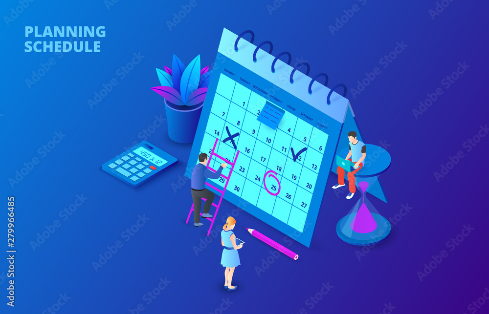 Poster Planning schedule concept with characters. Isometric vector illustration on a dark blue backgound. Landing page template for web.
