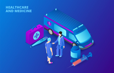 Medical concept with ambulance car and doctors. Isometric vector illustration on a dark blue backgound. Landing page template for web.