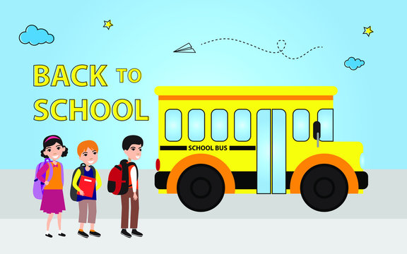 Cartoon kids with backpack going to school. Ride in School Bus. Back to School. Vector Illustration.