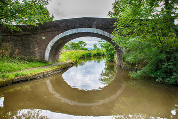 Fototapeta na wymiar View of a British canal in rural setting with stone bridge