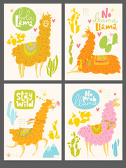 Set of four motivational cards with lama and cactus