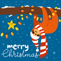 Vector Merry Christmas card with cute funny sloth © Valentyna