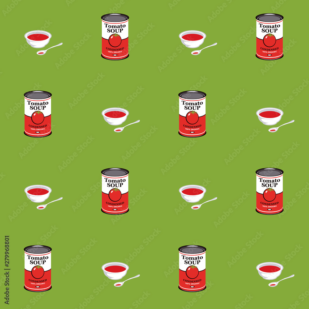 Aufkleber vector seamless pattern with tomato soup in cans and bowls in retro style on green background. repea