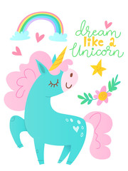 Cute vector poster with cartoon unicorn and lettering