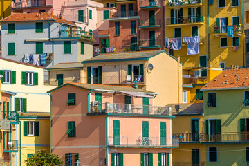 Fototapeta na wymiar Manarola Italy is a small town, a frazione of the the province of La Spezia, Liguria, northern Italy. It is the second-smallest of the famous Cinque Terre towns