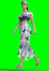 Beautiful young woman in a summer top and skirt with a baseball cap goes and smiles 3d render