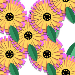 Vintage origami pattern with colorful calendula cut paper pattern on white background for textile design. Like a 3d vector. Modern interior.