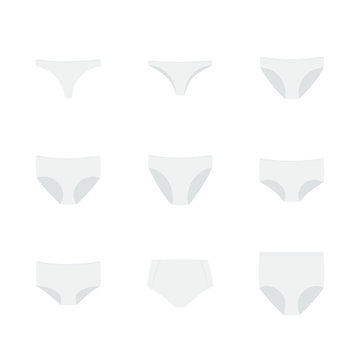 Panties icon set. Woman underwear types: thong, brazilian, bikini, classic brief, high cut brief, hipster, shortie, control brief and shapewear. Vector illustration, flat design