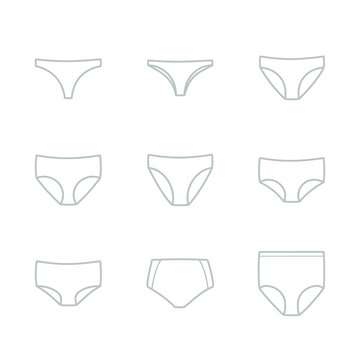 Panties icon set. Woman underwear types: thong, brazilian, bikini, classic  brief, high cut brief, hipster, shortie, control brief and shapewear.  Vector illustration, flat design Stock Vector