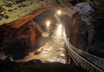 passage in the cave with lights