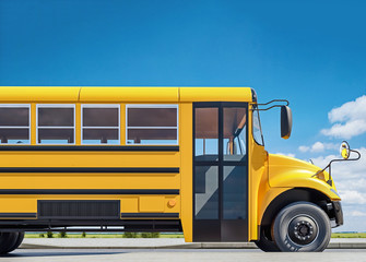 School bus parked on the road, concept of going back to school, beautiful sunny day, 3d rendering © snorkulencija