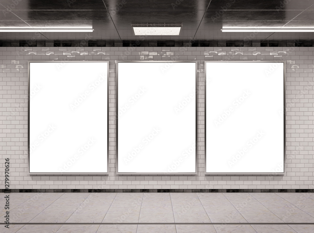 Poster vertical triple underground billboard frame mockup 3d rendering