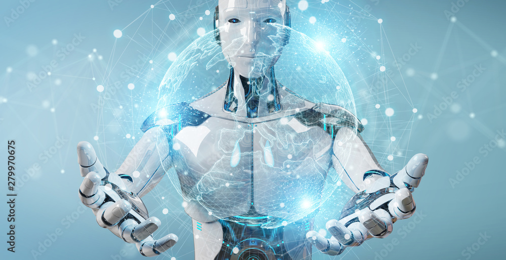 Poster white robot using globe network hologram with europe map 3d rendering