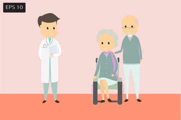 Doctor and elderly stand to talk about the treatment. Flat cartoon concept positive direction happiness, with green and orange tones.