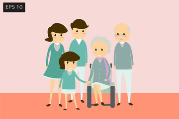 Flat cartoon  family, parents, children and grandparents. Concept positive direction Happiness and warmth, with green and orange tones.