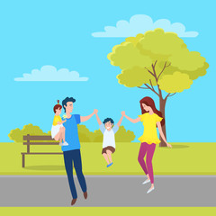 Happy family, mother, father and children walking together in green forest, springtime scenery landscape. Vector cartoon people, mom and dad, daughter and son